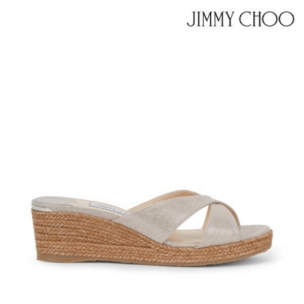 오픈마켓 우리들쇼핑,JIMMY CHOO 지미추 Almer80 Natural Metallic Linen Wedge Slide 웨지힐