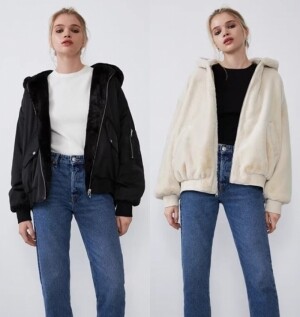 자라 여성 리버시블 인조밍크 후드 항공 점퍼 4341212