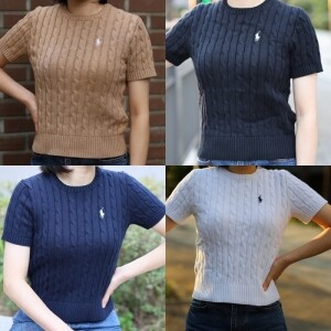 폴로 랄프로렌 여성반팔 피마코튼 케이블 라운드넥 꽈배기 니트 반팔