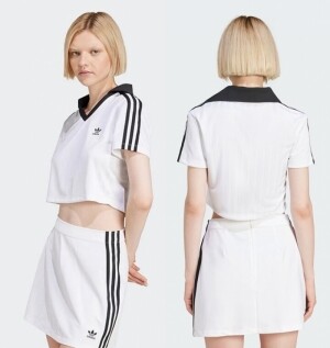 아디다스 ADIDAS 우먼스 아디컬러 풋볼 자카드 브이넥 크롭 폴로 셔츠 JD2608